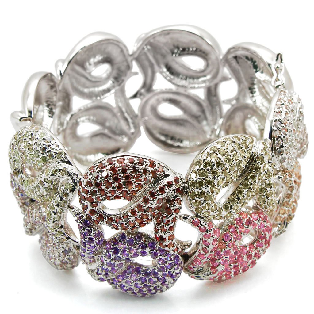 LO1278 Rhodium Brass Bangle featuring AAA Grade CZ stones in a vibrant multi-color design, elegantly crafted for style and comfort.