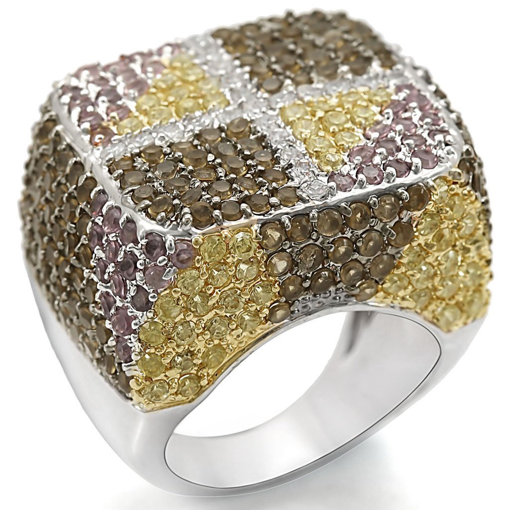 LO1350 Rhodium Gold Ruthenium Brass Ring featuring a multi-color AAA Grade CZ stone, showcasing its elegant design and luxurious finish.