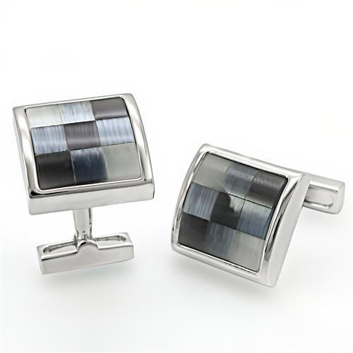 LO1371 Rhodium Brass Cufflink featuring multi-color semi-precious Cat Eye stones, elegantly designed for formal wear.