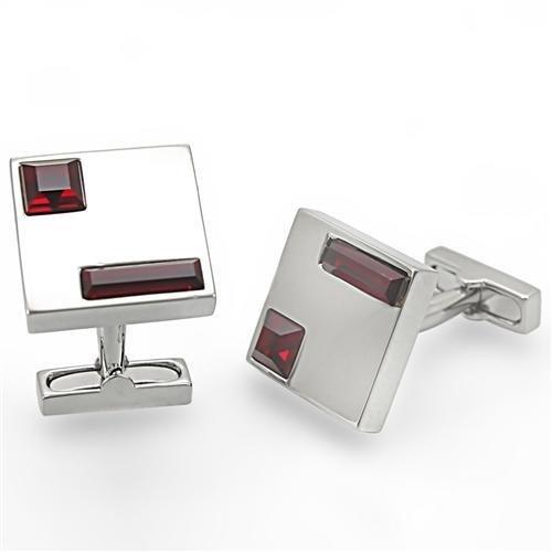 Rhodium brass cufflink featuring a vibrant Siam top grade crystal, elegantly designed for formal occasions.