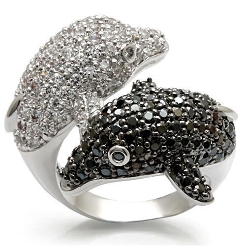 LO1481 Rhodium and Ruthenium Brass Ring featuring a black AAA Grade CZ stone, showcasing elegance and sophistication.