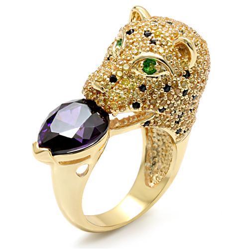 LO1499 Imitation Gold Brass Ring featuring AAA Grade CZ stone in Amethyst color, showcasing its elegant design and luxurious finish.