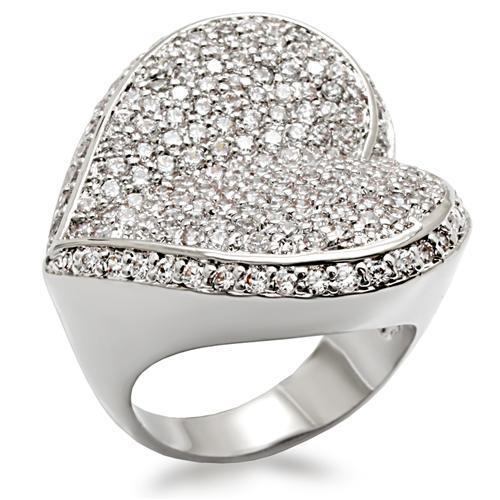 LO1492 Rhodium Brass Ring featuring a clear AAA Grade CZ stone, showcasing its elegant design and luxurious finish.