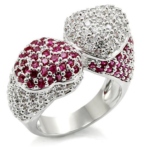 LO1493 Rhodium Brass Ring featuring a vibrant synthetic garnet in ruby color, showcasing its elegant design and luxurious finish.