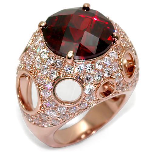 LO1507 Rose Gold Brass Ring featuring AAA Grade CZ in Garnet, showcasing its elegant design and brilliant stone.