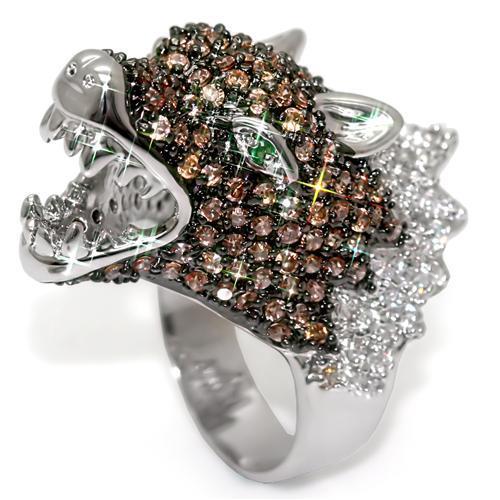 LO1529 Rhodium and Ruthenium Brass Ring featuring a vibrant multi-color AAA Grade CZ center stone, elegantly designed for any occasion.