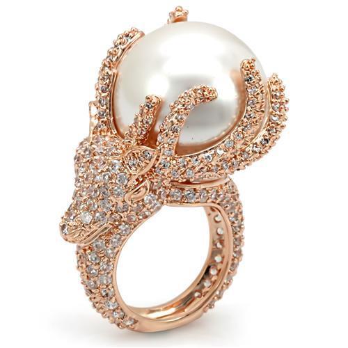 LO1533 Rose Gold Brass Ring featuring a synthetic white pearl, showcasing its elegant design and luxurious finish.