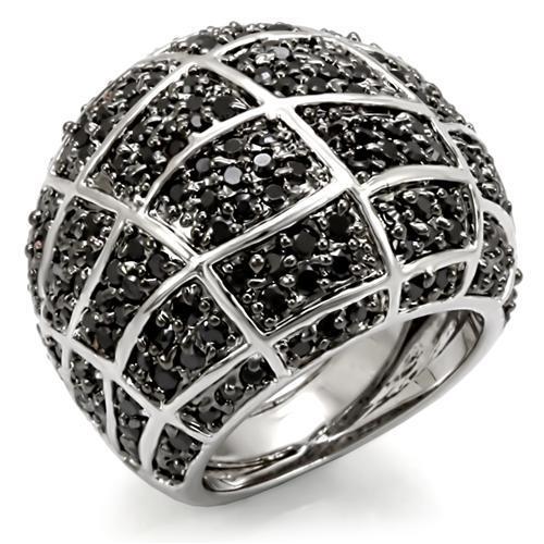 LO1584 Rhodium and Ruthenium Brass Ring featuring a black AAA Grade CZ center stone, showcasing elegance and sophistication.