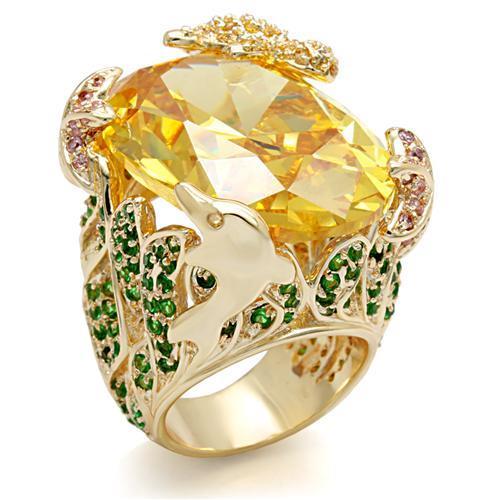 LO1599 Imitation Gold Brass Ring featuring AAA Grade CZ in Topaz color, showcasing its elegant design and sparkling center stone.