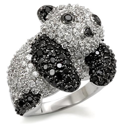 LO1559 Rhodium and Ruthenium Brass Ring featuring a black diamond colored AAA Grade CZ center stone, elegantly designed for sophistication.