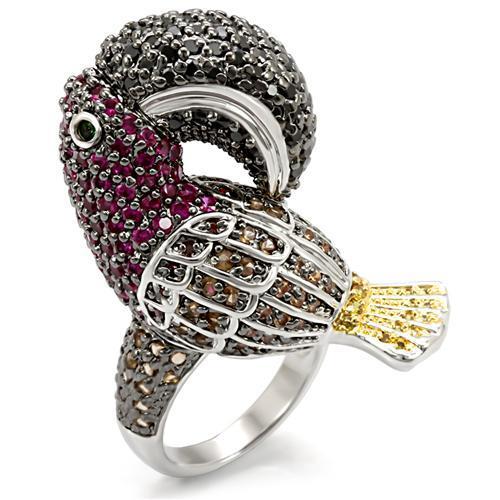 LO1592 Rhodium+Gold+Ruthenium Brass Ring featuring AAA Grade CZ stone, showcasing a multi-color sparkle.