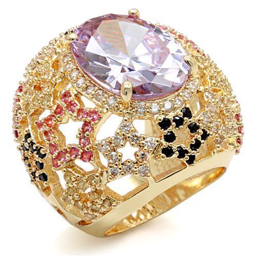 Imitation Gold Brass Ring featuring AAA Grade CZ in Light Amethyst, showcasing its elegant design and sparkling center stone.