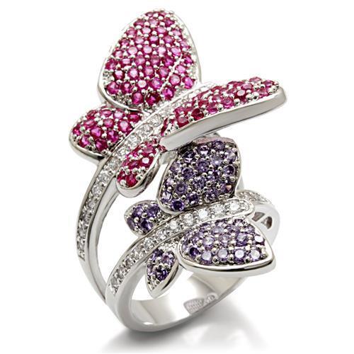LO1601 Rhodium Brass Ring featuring a vibrant multi-color AAA Grade CZ stone, elegantly designed for any occasion.