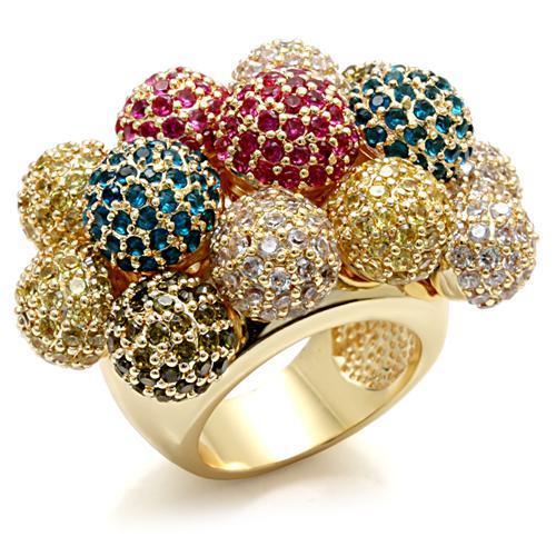 LO1604 Imitation Gold Brass Ring featuring AAA Grade CZ stones in multi colors, showcasing its elegant design and luxurious appearance.