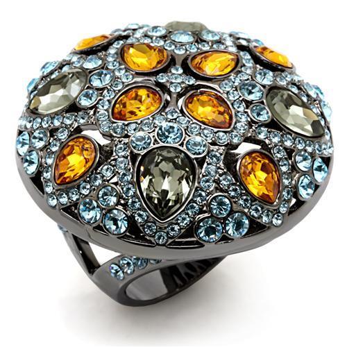 LO1636 TIN Cobalt Black Brass Ring featuring a multi-color top grade crystal, showcasing its elegant design and craftsmanship.