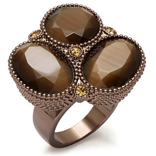 LO1640 Chocolate Gold Brass Ring featuring a brown top grade crystal, elegantly designed for a luxurious look.