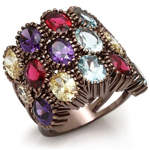 LO1647 Chocolate Gold Brass Ring featuring a multi-color synthetic glass stone, elegantly designed for versatile wear.