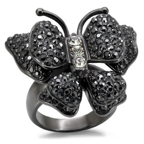 LO1680 TIN Cobalt Black Brass Ring featuring a Jet Top Grade Crystal, showcasing its elegant design and craftsmanship.
