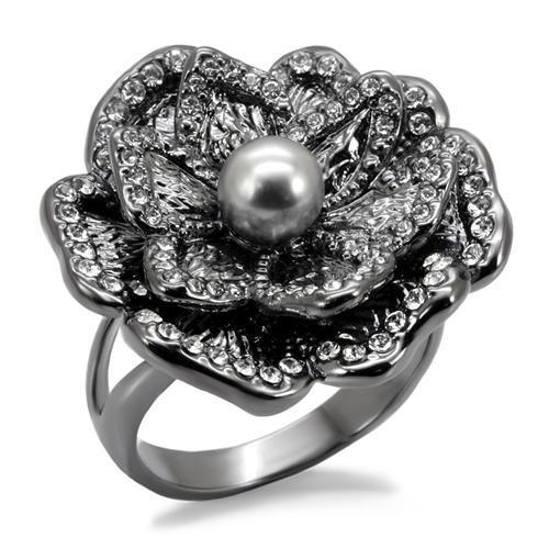 LO1681 TIN Cobalt Black Brass Ring featuring a light gray synthetic pearl, showcasing its elegant design and modern finish.