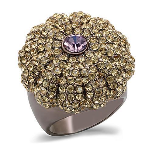 LO1684 Chocolate Gold Brass Ring featuring multi-colored top grade crystals, elegantly designed for a sophisticated look.