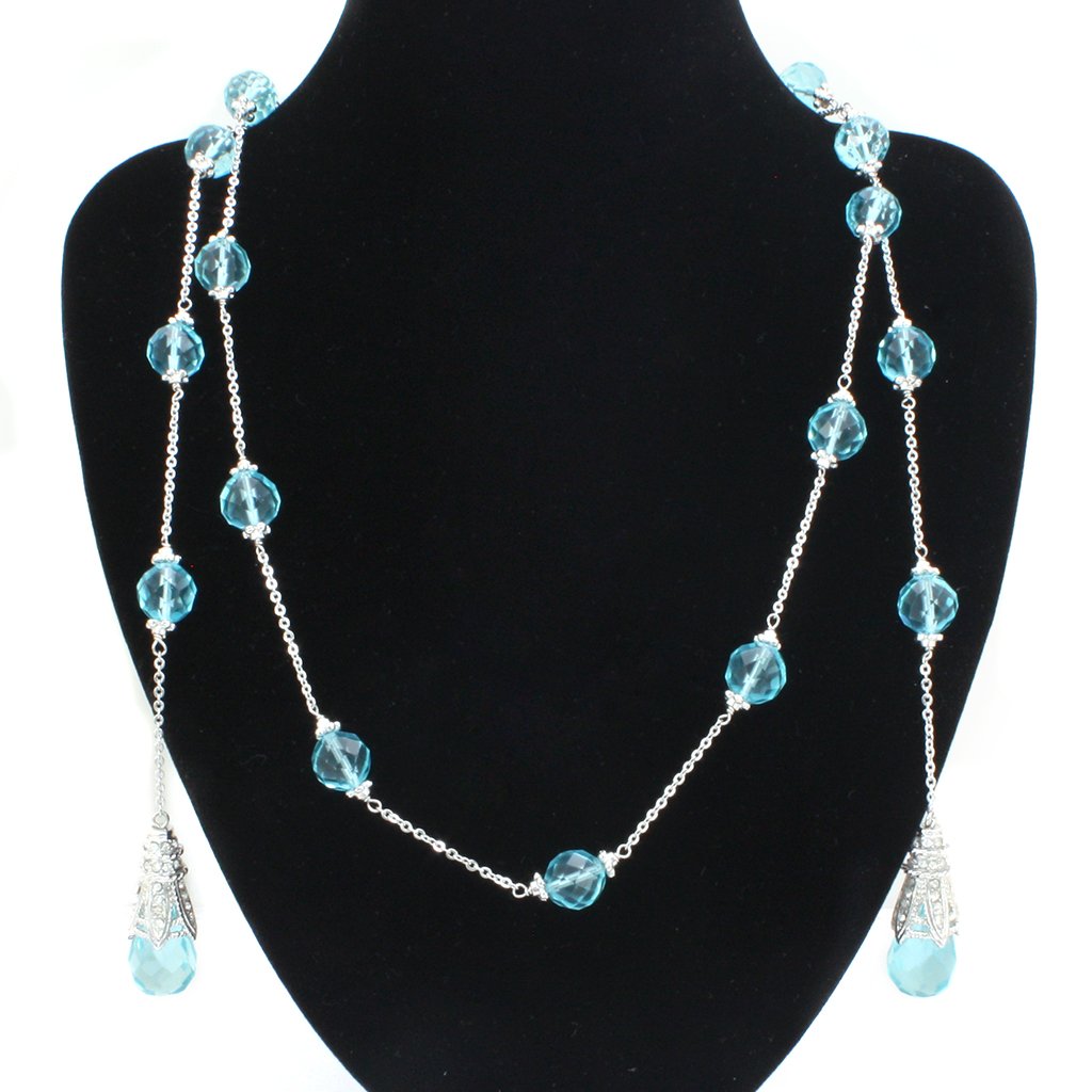 LO1714 Rhodium White Metal Necklace featuring a sea blue synthetic glass bead, elegantly designed for versatile wear.