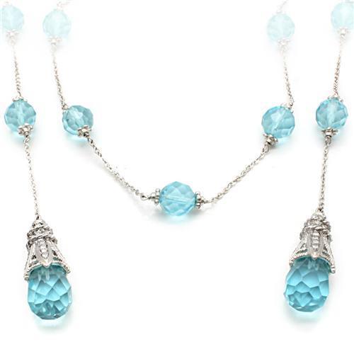LO1714 Rhodium White Metal Necklace featuring a sea blue synthetic glass bead, elegantly designed for versatile wear.