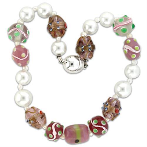 LO1186 Silver Brass Necklace featuring multi-color synthetic acrylic stones, elegantly designed for versatile styling.