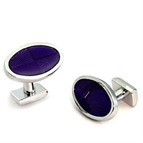 LO1190 Rhodium Brass Cufflink featuring Amethyst epoxy stone, showcasing a luxurious design.
