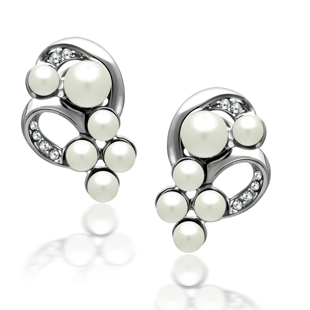 LO1970 Rhodium White Metal Earrings featuring a synthetic white pearl centerpiece, elegantly designed for modern style.