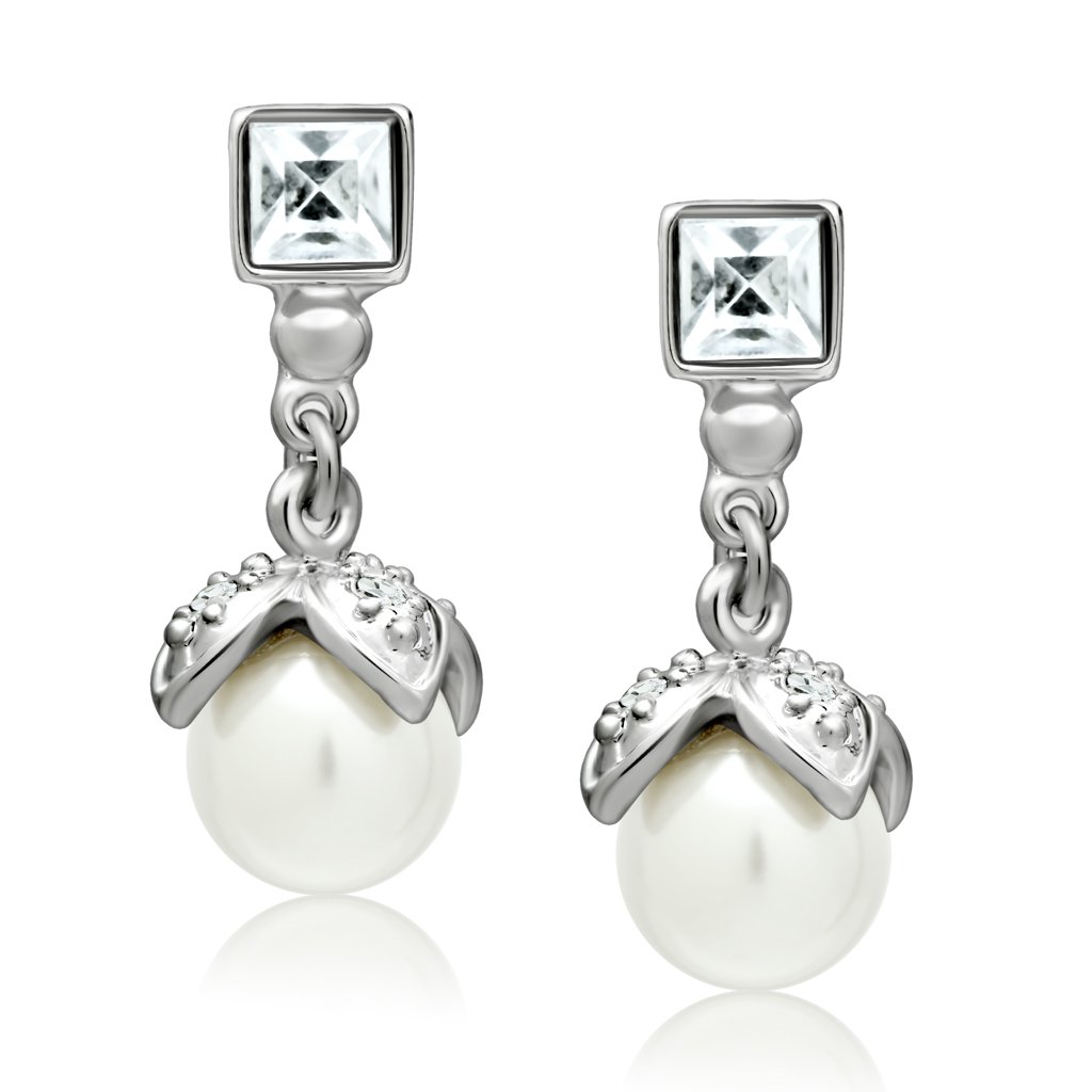 LO1973 Rhodium White Metal Earrings featuring a synthetic white pearl centerpiece, elegantly designed for versatile wear.