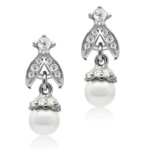 LO1988 Rhodium White Metal Earrings featuring a synthetic white pearl centerpiece, elegantly designed for versatile wear.