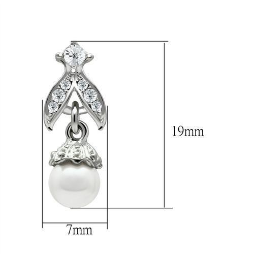 LO1988 Rhodium White Metal Earrings featuring a synthetic white pearl centerpiece, elegantly designed for versatile wear.