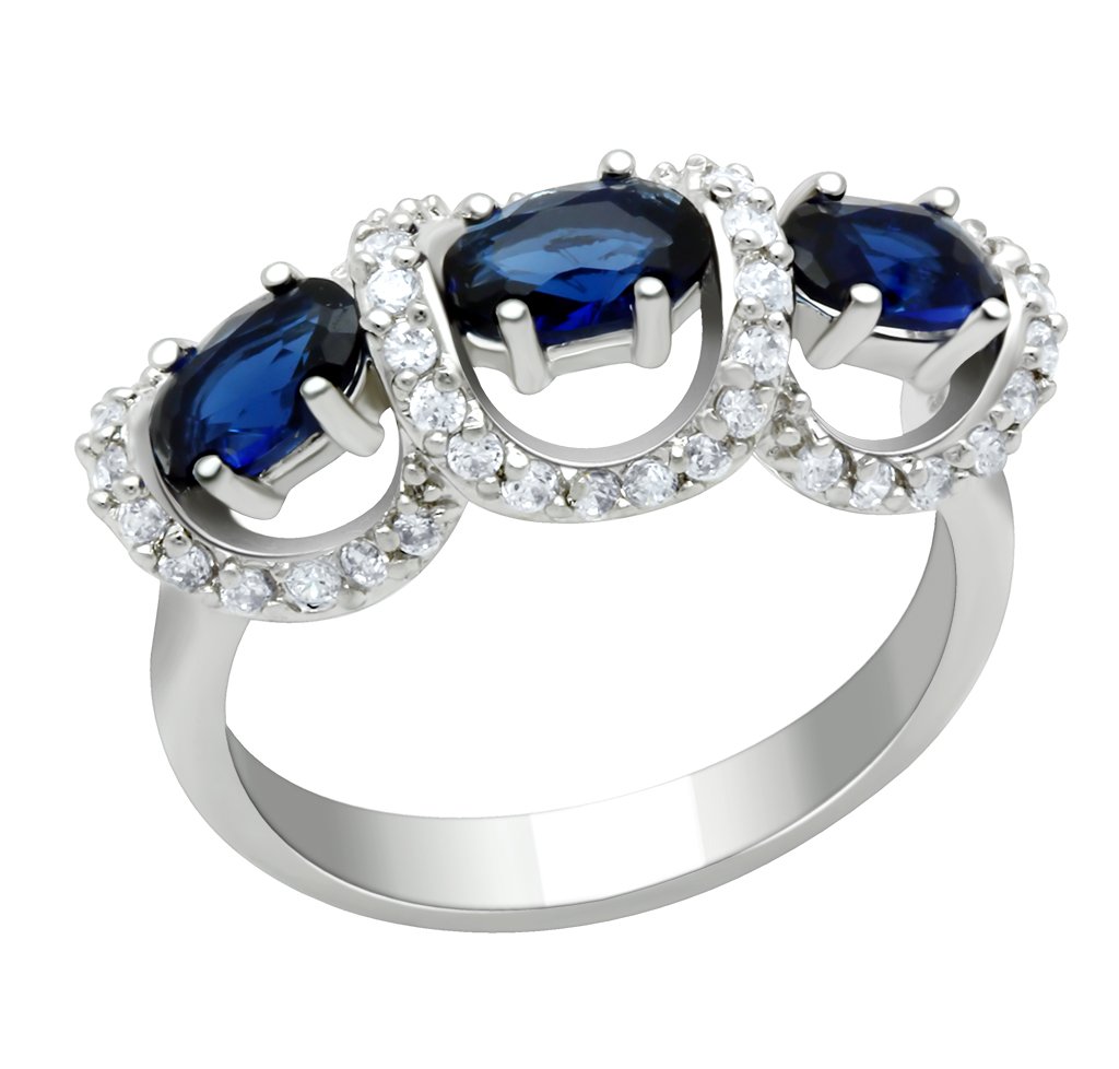 LO2049 Rhodium Brass Ring featuring a Montana synthetic glass center stone, showcasing elegance and durability.