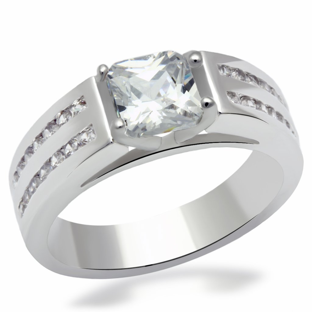 LO2070 Rhodium Brass Ring featuring a clear AAA Grade CZ stone, showcasing its elegant design and luxurious finish.