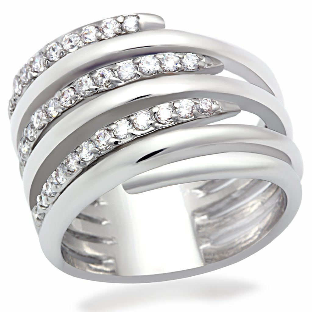 LO2075 Rhodium Brass Ring featuring a clear AAA Grade CZ stone, showcasing its elegant design and shiny finish.