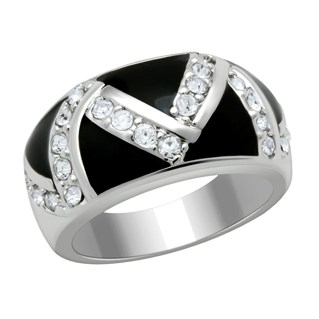 LO2094 Rhodium Brass Ring featuring a clear top grade crystal, showcasing its elegant design and luxurious finish.