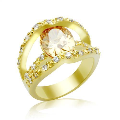 LO2098 Gold Brass Ring featuring AAA Grade CZ in Champagne color, showcasing its elegant design and sparkling stone.