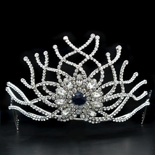 Elegant LO2111 Imitation Rhodium Brass Tiara and Hair Clip adorned with top-grade Montana crystals, showcasing intricate design and shine.