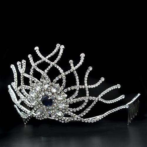 Elegant LO2111 Imitation Rhodium Brass Tiara and Hair Clip adorned with top-grade Montana crystals, showcasing intricate design and shine.