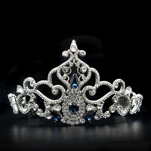 Elegant LO2110 Imitation Rhodium Brass Tiara and Hair Clip adorned with top-grade Montana crystals, showcasing intricate design and luxurious finish.