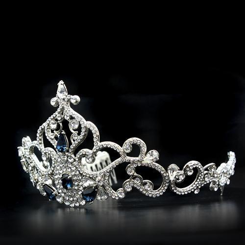 Elegant LO2110 Imitation Rhodium Brass Tiara and Hair Clip adorned with top-grade Montana crystals, showcasing intricate design and luxurious finish.