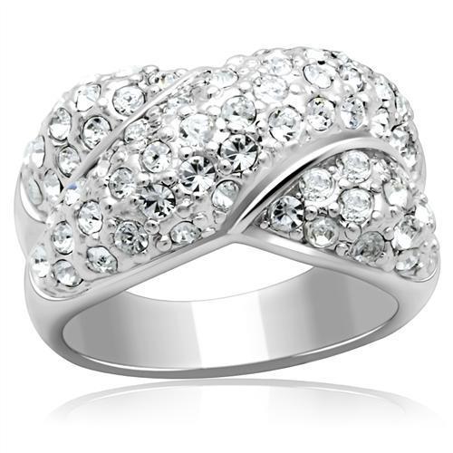 LO2101 Rhodium Brass Ring featuring a clear top grade crystal, showcasing its elegant design and luxurious finish.