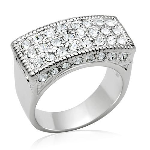 LO2103 Rhodium Brass Ring featuring a clear top grade crystal, showcasing its elegant design and reflective finish.