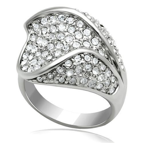 LO2105 Rhodium Brass Ring featuring a clear top grade crystal, showcasing its elegant design and luxurious finish.
