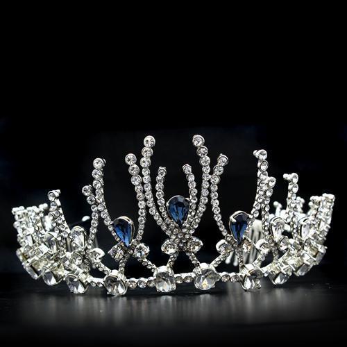 Elegant LO2107 Imitation Rhodium Brass Tiara and Hair Clip adorned with top-grade Montana crystals, showcasing a luxurious design.