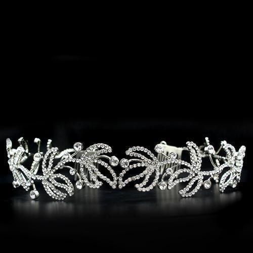 Elegant LO2115 Imitation Rhodium Brass Tiara and Hair Clip adorned with clear top-grade crystals, perfect for special occasions.