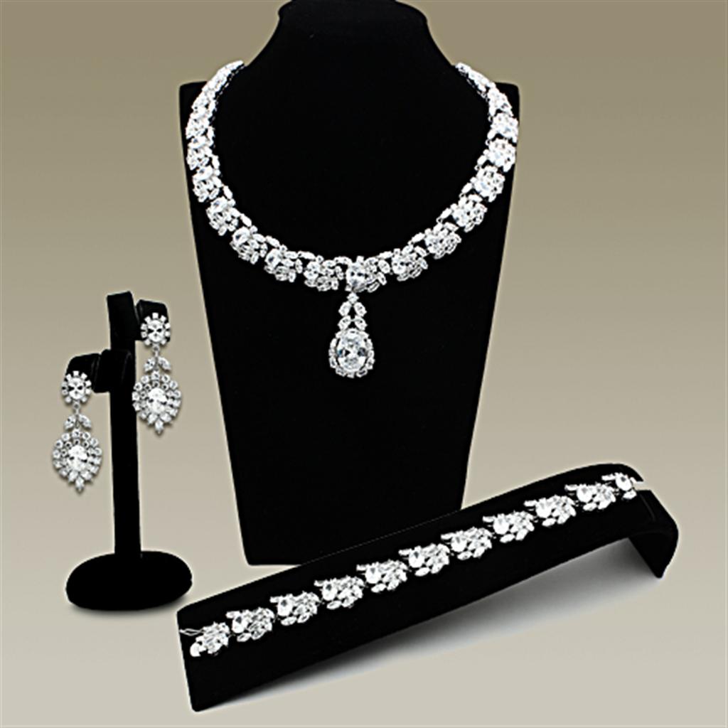 LO2333 Rhodium Brass Jewelry Set featuring AAA Grade Clear CZ stones, elegantly designed for special occasions.