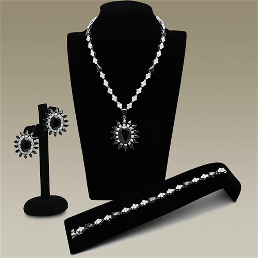LO2330 Rhodium Brass Jewelry Set featuring AAA Grade CZ in Jet color, showcasing elegant design and luxurious finish.