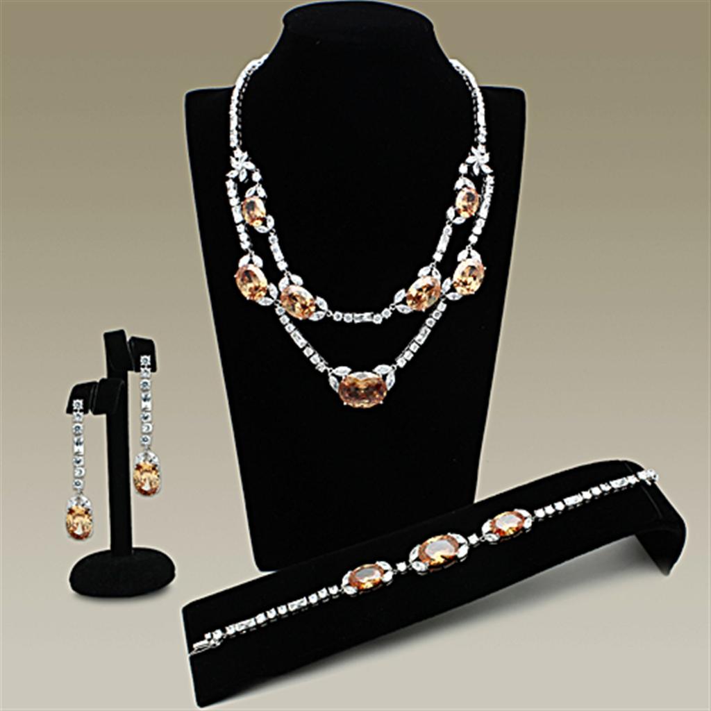 LO2326 Rhodium Brass Jewelry Set featuring AAA Grade CZ stones in champagne color, elegantly designed for sophistication.