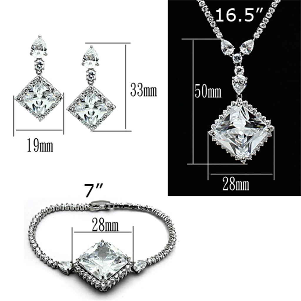 LO2341 Rhodium Brass Jewelry Set featuring AAA Grade CZ stones in clear, showcasing elegant design and luxurious finish.